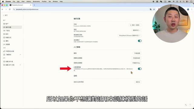 Perplexity 关闭模型训练的设置路径 — 默认开启训练需手动关闭保护数据