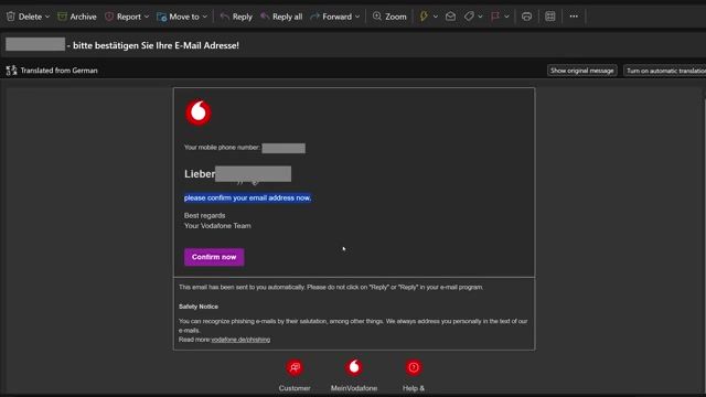 德国沃达丰邮箱验证确认邮件 — 必须点击紫色按钮完成二次验证